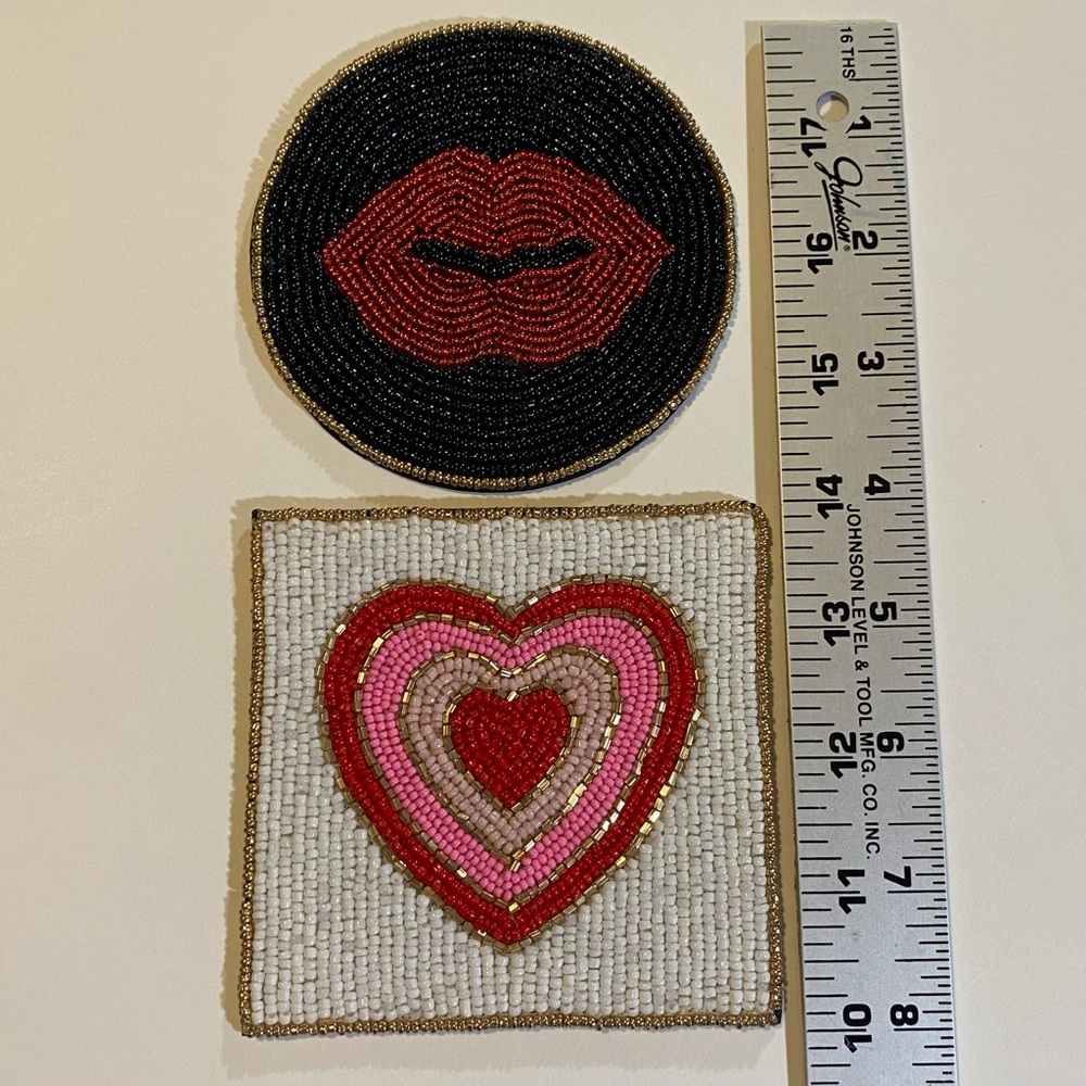 Set of 2 beaded coasters round 3 1/2”, square 4”. NWT